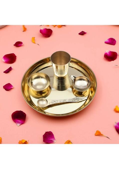 Flipkart Smartbuy Handcrafted 100% Brass Pooja Thali | Plate Set For Home And Office Use (5Pieces) (1 Pieces, Gold)