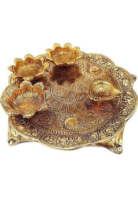 Fashion Bizz Puja Thali With Diya For Home And Office Temple | Diwali Set| Golden Bhai Dooj Handicraft Thali| Pooja Design Set Marble (1 Pieces, Gold)