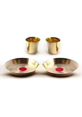 Mle Brass Small Pooja Thali With Glass Set Elegant Traditional Puja Essentials (4 Pieces Gold)