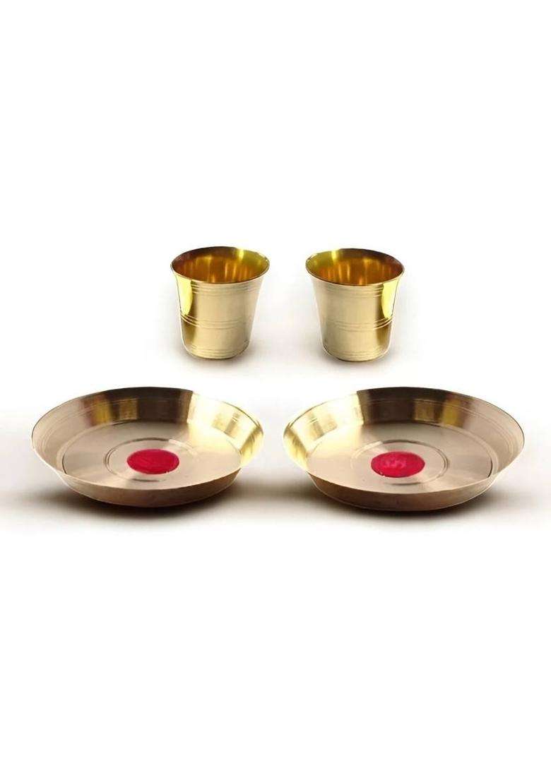 Mle Brass Small Pooja Thali With Glass Set Elegant Traditional Puja Essentials (4 Pieces Gold) - Indya