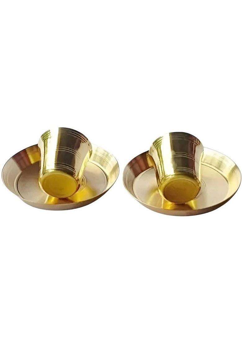 Mle Brass Small Pooja Thali With Glass Set Elegant Traditional Puja Essentials (4 Pieces Gold) - Indya