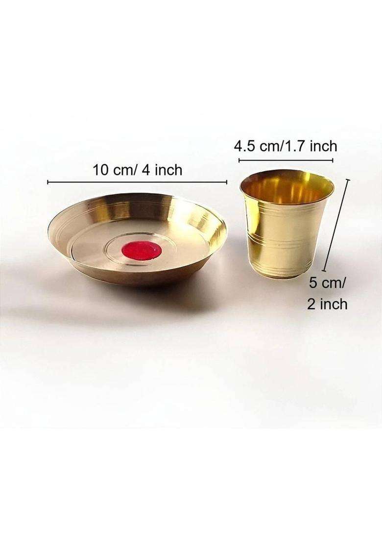 Mle Brass Small Pooja Thali With Glass Set Elegant Traditional Puja Essentials (4 Pieces Gold) - Indya
