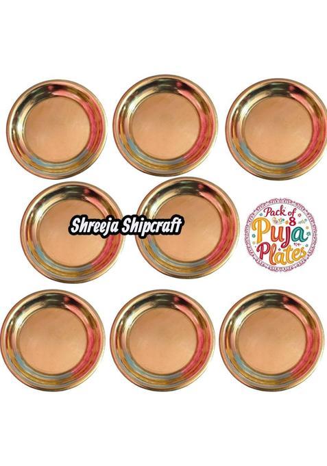 Shreeja Shilpcraft Traditional Pure Brass Pooja Plates (Set Of 8) For Rituals & Festivals (8 Pieces Gold)