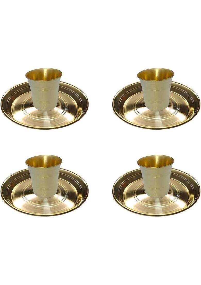 Mle Traditional Brass Pooja Thali & Glass Set Small Decorative Plates With Glasses (8 Pieces Gold) - Indya