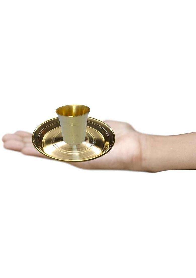 Mle Traditional Brass Pooja Thali & Glass Set Small Decorative Plates With Glasses (8 Pieces Gold) - Indya