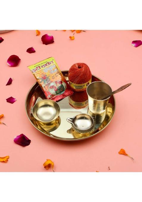 Torppeza Handcrafted 100% Brass Pooja Thali | Plate Set For Home And Office Use (7Pieces) (1 Pieces, Gold)