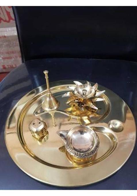 Heaven Decor Brass Om Puja Thali Set With Religious Spritual Item For (1 Pieces, Gold)