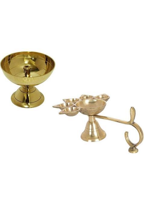 Uniqon Combo Of 2 Pcs Classic Round Paro Pyali Diya (No 1) With 5 Face Puja Panch Aarti Jyoti/Diya Stand For Worship/Spirtual/Religion Brass (2 Pieces, Gold)
