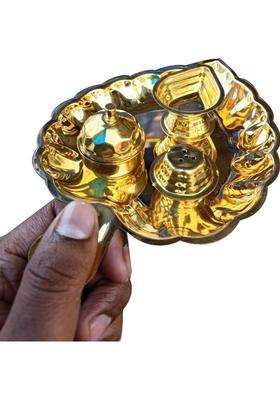 Craft World Traditional Brass Thali Aarti Plate For Pooja-1Chandhan-Agarbatistand-Diya. (1 Pieces Gold)
