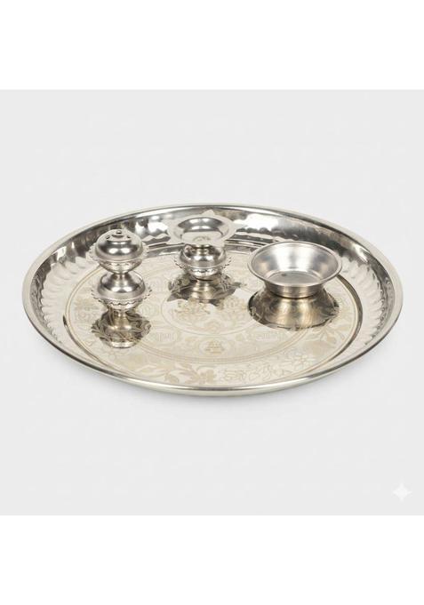 Mtron Pooja Thali With Diya Agarbatti Kumkum Holder Katori | Puja Plate Aarti Steel (1 Pieces, Silver)