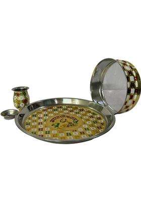Pujahome Divine Stainless Steel Karwa Chauth 4 Pieces Pooja Thali Set Symbol Of Devotion (Multicolor)