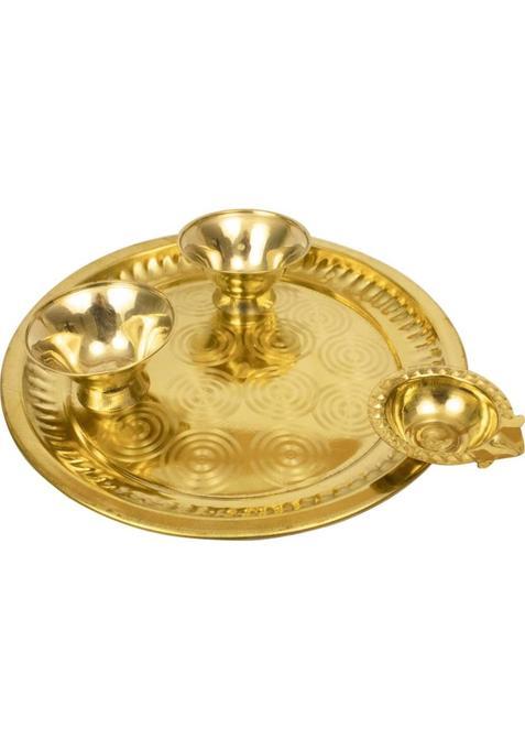 Spillbox Diya Home Pooja Arathi Plate Set (Chandan Bowl 2, Diya) Attached Brass (1 Pieces, Gold)