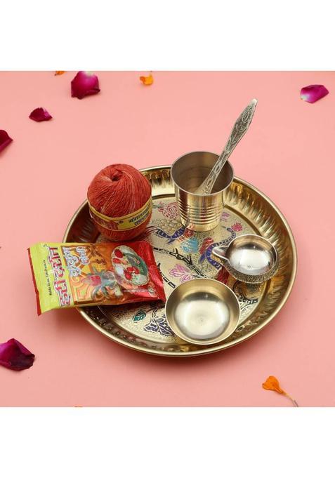 Shri Anand Handcrafted 100% Brass Pooja Peacock Thali Plate Set With Kuber Diya & Roli Moli (1 Pieces, Gold)