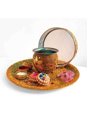 Shri Handicraft Karwa Chauth Pooja Thali Set With Chalni Lota Diya Kumkum And Sindoor Dani Steel Aluminium (1 Pieces Gold)
