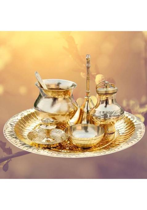 Yashodanandan Brass Worship Thali Set | Lota Katori Bell Agarbatti Stand Ganga Jal Kalash (1 Pieces, Gold)
