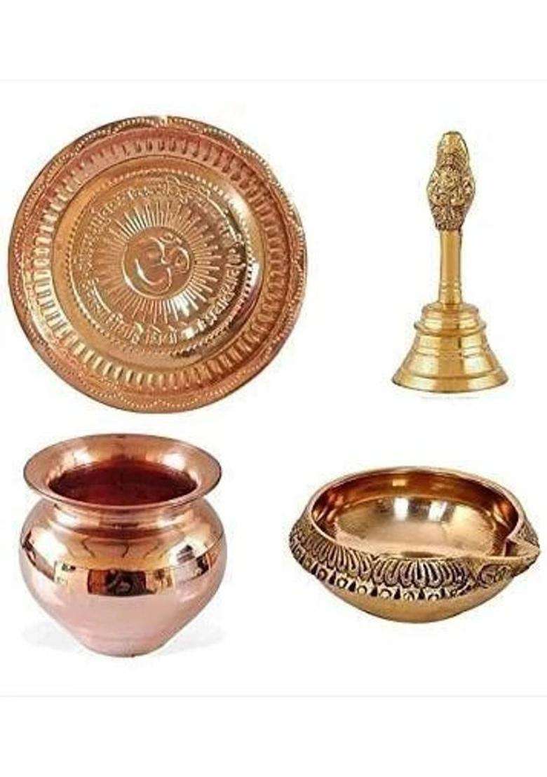 Akshthali Traditional Brass Pooja Thali Set Copper (1 Pieces Gold) - Indya