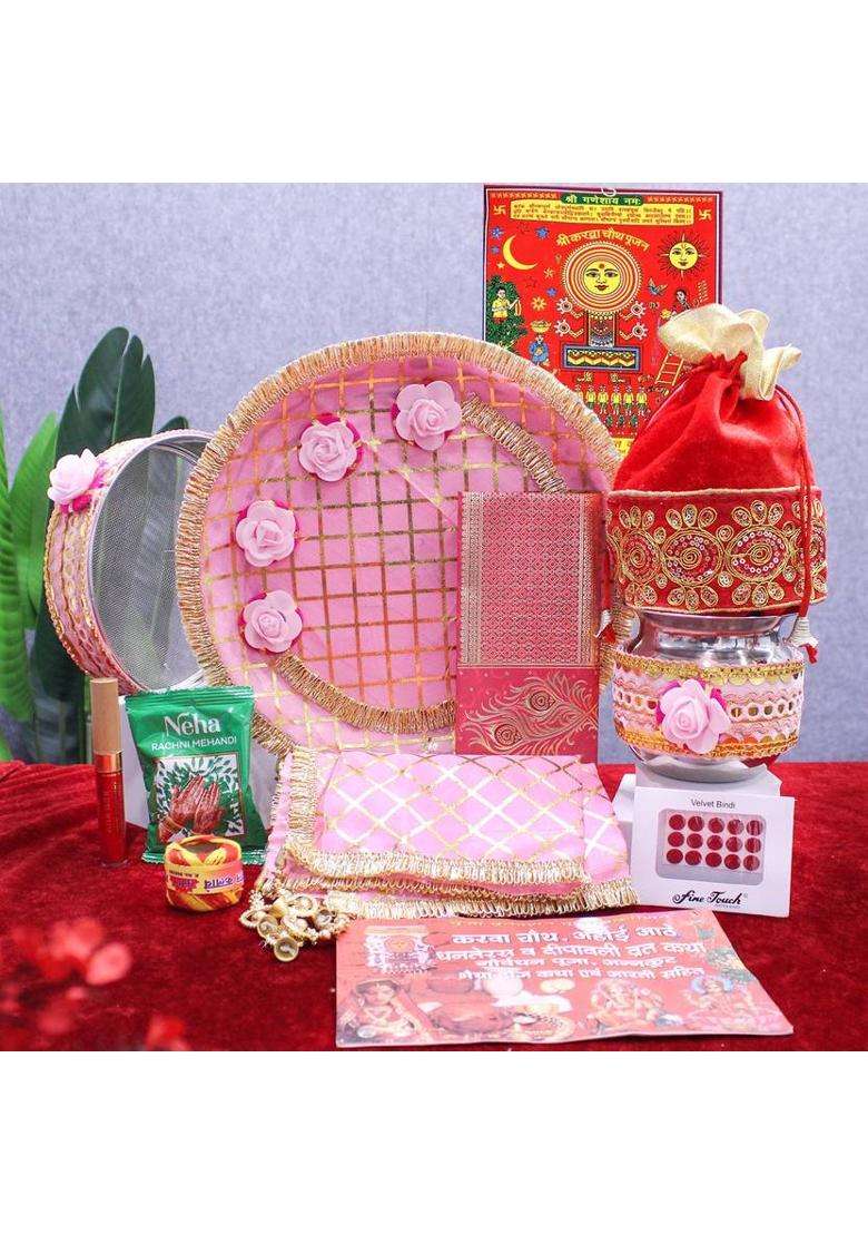 Tied Ribbons Karwa Chauth Special Designer Pooja Thali Combo Gift Set For Daughter Wife Women Stainless Steel (Multicolor) - Indya