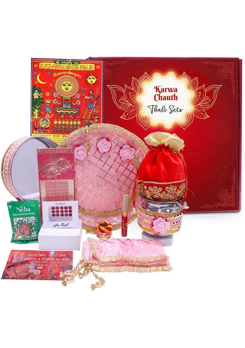 Tied Ribbons Karwa Chauth Special Designer Pooja Thali Combo Gift Set For Daughter Wife Women Stainless Steel (Multicolor) - Indya