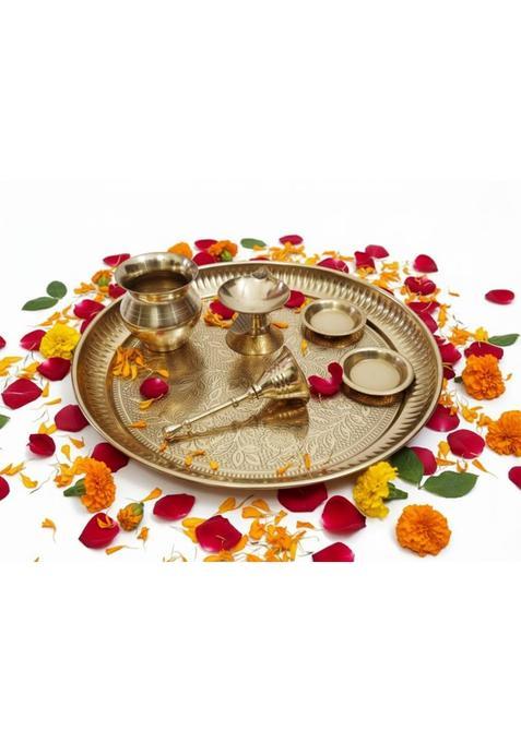 Velvet Ember Pure Brass Puja Thali Set 8 Inch For Festival/Gift & Home Mandir 6 Pcs (6 Pieces Yellow)