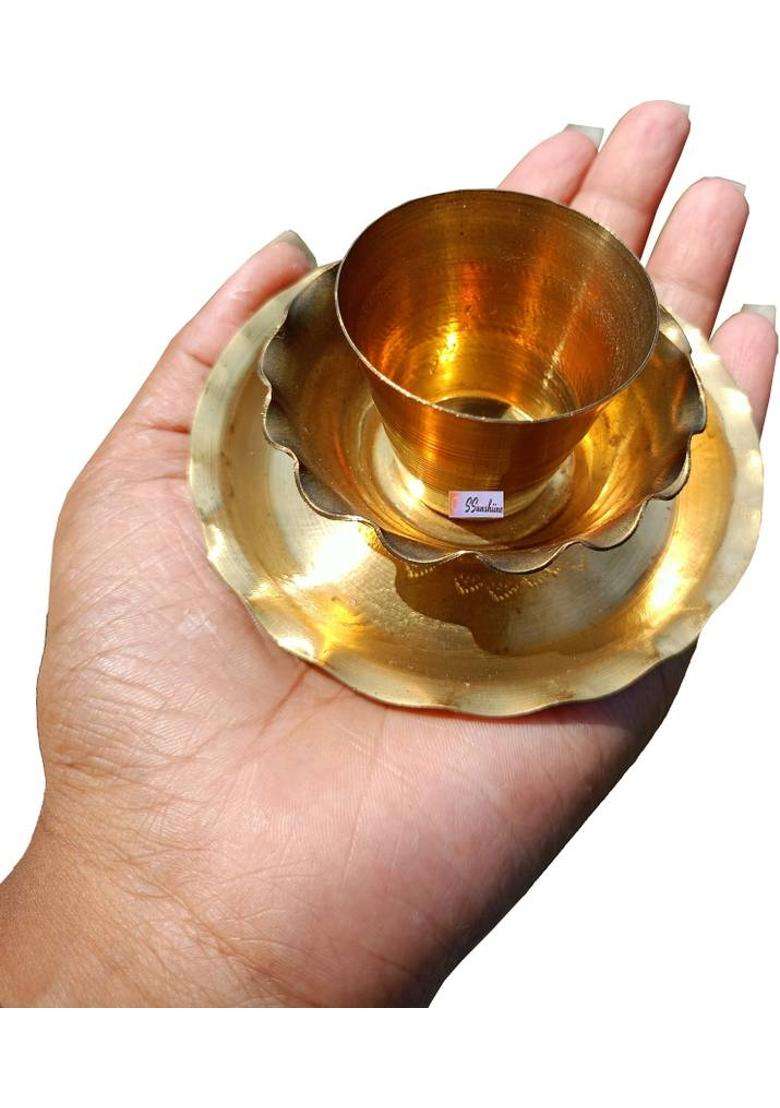 Ssunshiine Pack Of 6 Small & Light Weight Brass Plate Glass Bowl For Pooja Worship (6 Pieces Gold) - Indya