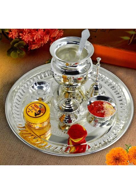 Me&You Silver Plated Pooja Thali Set (1 Pieces, Silver)