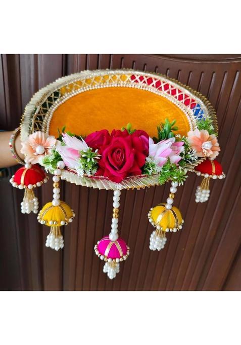 Unique Palette Handmade Pooja Thali With Floral Decor For Rakhi, Diwali & Mandir Use Steel (1 Pieces, Multicolor)