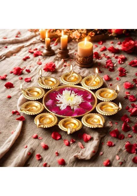 Fumify Divya Jyot 10 Diya Iron Urli For Festive Home Decor (Gold)