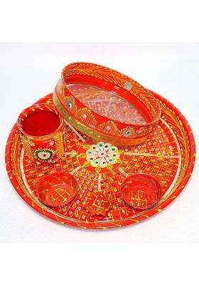 Seankraft Karwa Chauth Pooja Thali Set Stainless Steel With Lota Kalash Diya & Bowls (5 Pieces Red)
