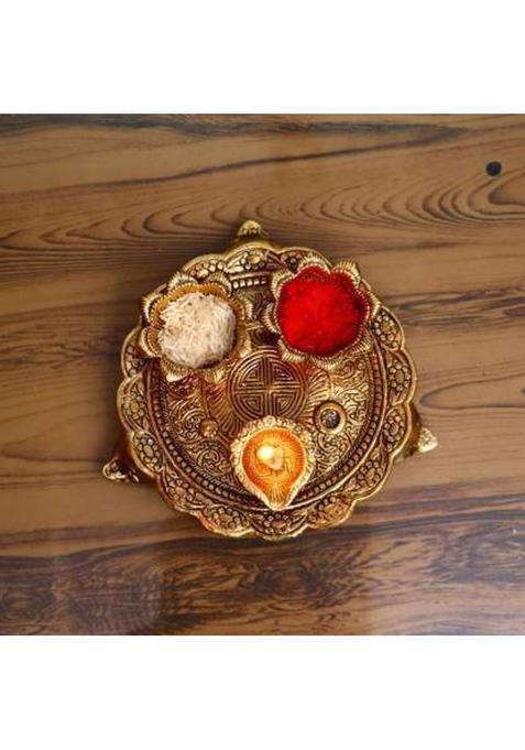 Sbbco Pooja Thali With Diya For Home Aluminium (1 Pieces, Gold)