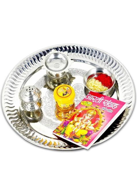 Me&You Silver Plated Pooja Thali Set With Chandan Tika | Roli Akshat Aarti Sangrah For Diwali Navratras Dhanteras Bhaidooj And Gift Friends & Relative (Silver)