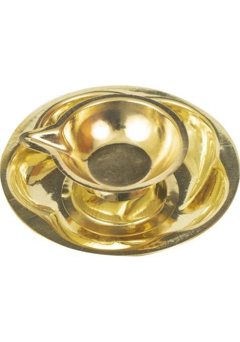 Spillbox Traditional Handcrafted Brass Deepak Diya Oil Lotus Lamp With Plate For Home Temple Puja Articles Decor Gifts-Pack Of-1 (1 Pieces Gold)