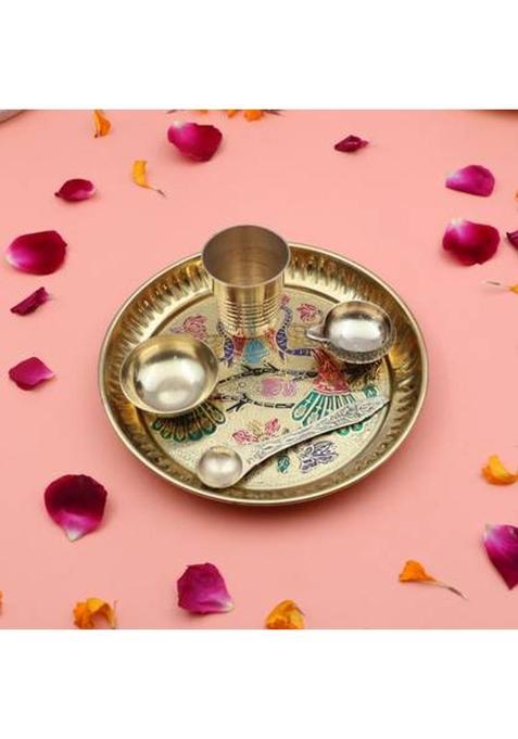 Shri Anand Handcrafted 100% Brass Pooja Peacock Thali Plate Set With Kuber Diya For Home (1 Pieces, Gold)