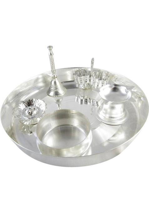Goldgiftideas 7Ps Pooja Thali Set For Home, Silver Plated (6 Pieces, Silver)
