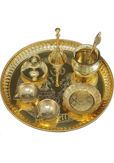 Bengalen Brass Pooja Thali Set 8 Inch With Pital Plate Home Mandir Gift Items (2 Pieces, Gold)