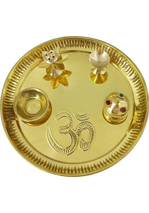 Extreme Karigari Premium Brass Pooja Thali Set Of 5 With Intricate Om Design (1 Pieces, Gold)