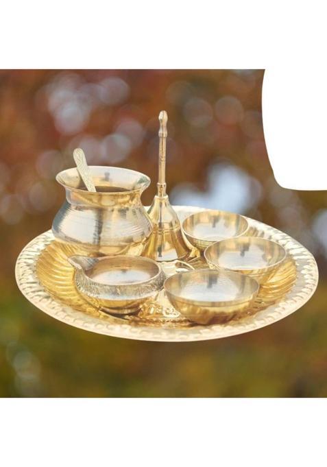 Yashodanandan Complete Brass Puja Set With Thali Diya Lota Bell & Katori (1 Pieces Gold)