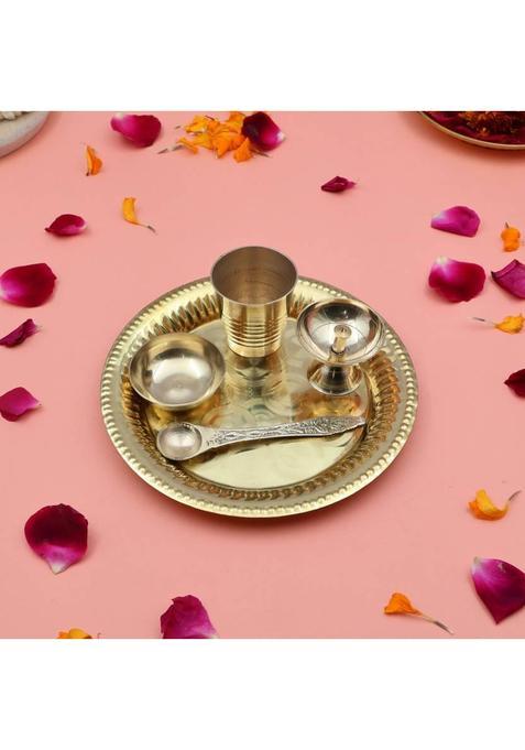 Shri Anand Handcrafted 100% Brass Pooja Peacock Thali Plate Set With Paro Pyali Diya (1 Pieces, Gold)