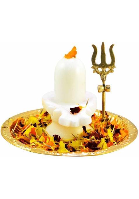 Ogcombo Pack Of 3 Ps Shaligram White Shiva Ling Lingam Statue Hindu Puja Brass Plate With Stand Decorative Pooja Thali Shivling Marble Stone Trishul Set (3 Pieces, Multicolor)