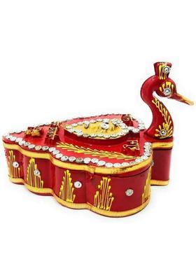 Daksh Handicraft Kumkum Box In Peacock Shape/Meenakari Work/ Four Sections For Puja/Marriages/ Festivals Celebrations Wooden (Red)