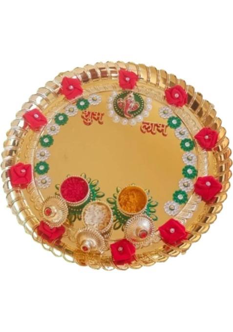 P A Health And Fitness Decorated Acrylic Pooja Thali/Haldi Kumkum Box/Rakhi Plate10 InchMedium Gold Plated (1 Pieces Multicolor)