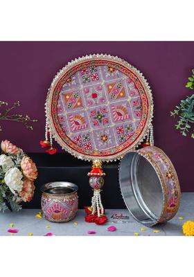 Ecraftindia Steel Karwa Chauth Thali Set With Plate Chalni Lota (1 Pieces Multicolor)