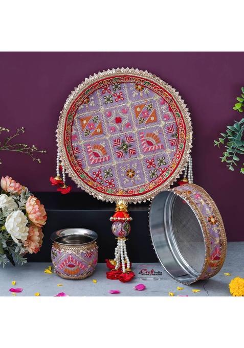 Ecraftindia Steel Karwa Chauth Thali Set With Plate Chalni Lota (1 Pieces, Multicolor)