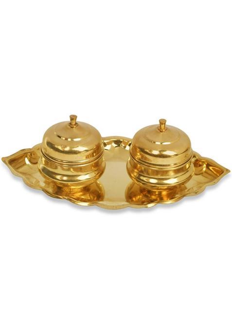 Rudra Centre Kuyri Boat With Haldi Kumkum Containers Set (Dibbi) Brass (1 Pieces, Gold)