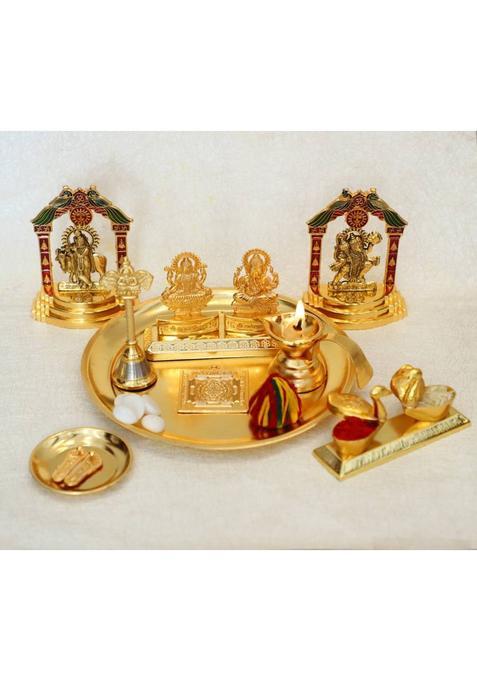 Chhariya Crafts Metal Laxmi Ganesh Pooja Thali Set For Diwali Home And Office Gift Item Aluminium (10 Pieces Gold)