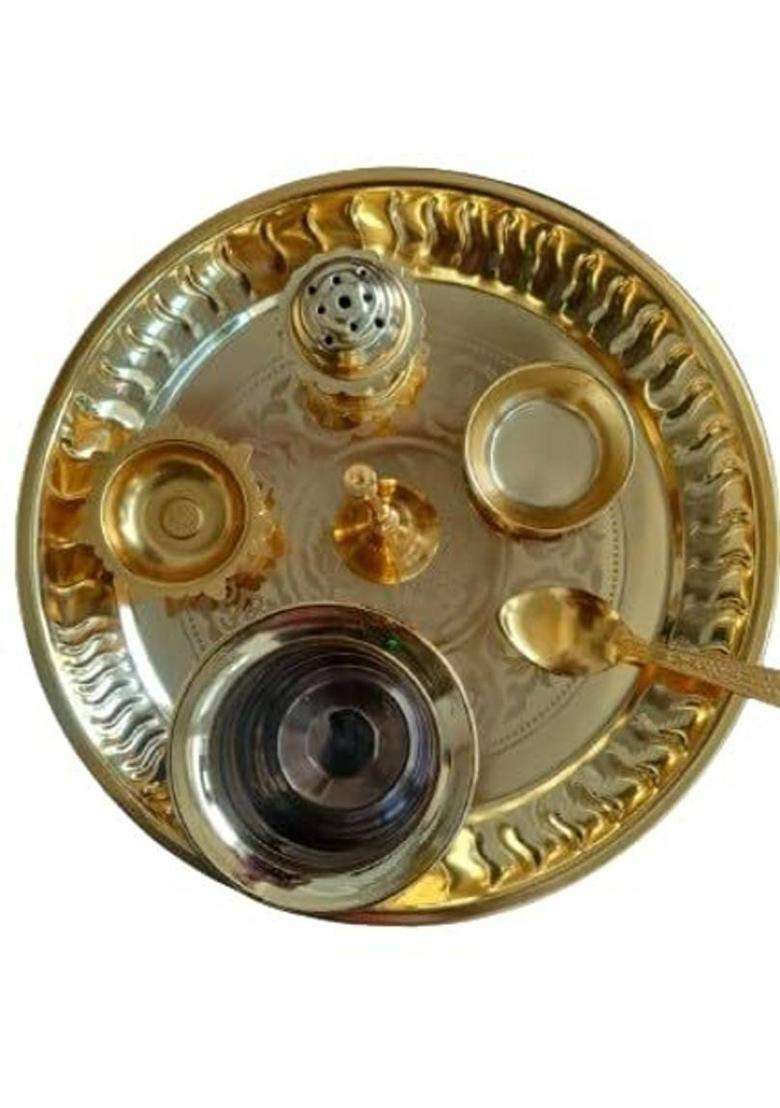 Xomark Gold Plated Brass Pooja Thali Set (1 Pieces Gold) - Indya