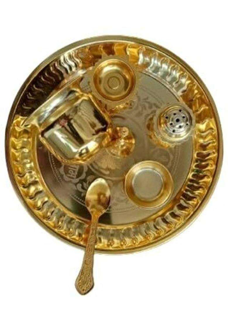 Xomark Gold Plated Brass Pooja Thali Set (1 Pieces Gold) - Indya