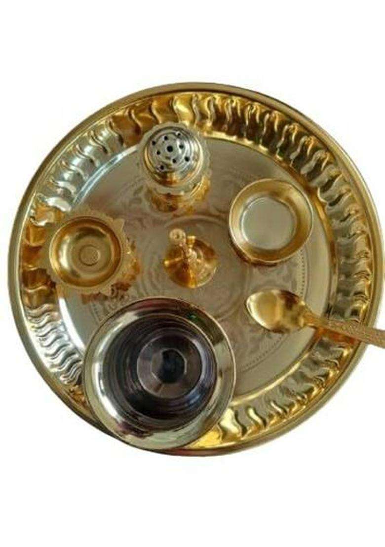Xomark Gold Plated Brass Pooja Thali Set (1 Pieces Gold) - Indya