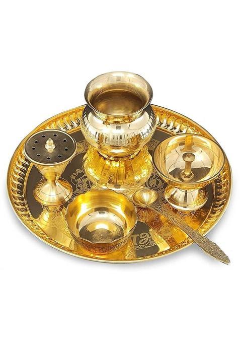 Bengalen Brass Pooja Thali Set 8 Inch With Arti Diya Home Mandir Gift Items (6 Pieces Gold)