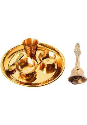 Value Crafts Brass Pooja Bhog Thali/Plate Set With Bell For Home Temple Decor Gold 11Cm (Gold)
