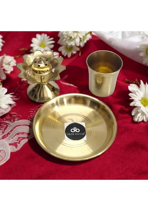 Divine Bazaar Handmade Brass Pooja Thali Set (3 Pieces, Yellow)